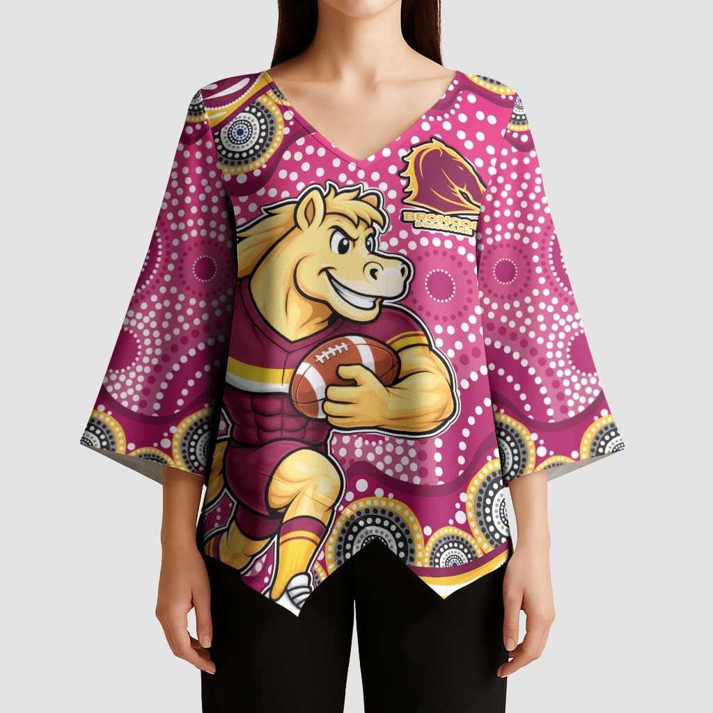 Brisbane Broncos Kimono Sleeve Blouse Aboriginal Dot Pattern - Rugby Mascot Heritage Pride
