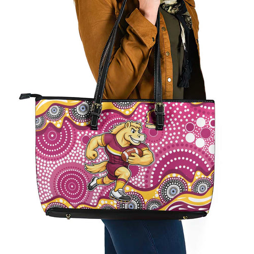 Brisbane Broncos Leather Tote Bag Aboriginal Dot Pattern - Rugby Mascot Heritage Pride