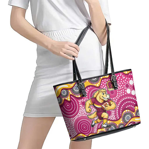 Brisbane Broncos Leather Tote Bag Aboriginal Dot Pattern - Rugby Mascot Heritage Pride
