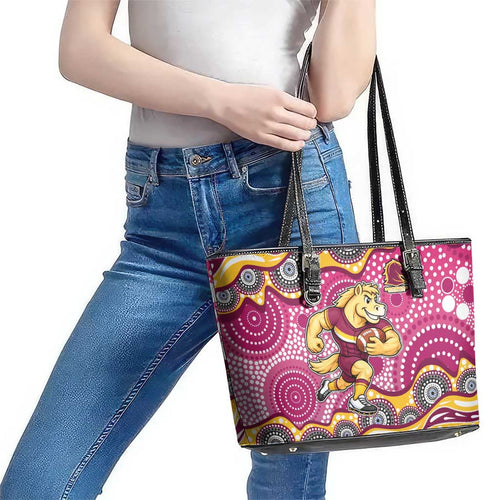 Brisbane Broncos Leather Tote Bag Aboriginal Dot Pattern - Rugby Mascot Heritage Pride