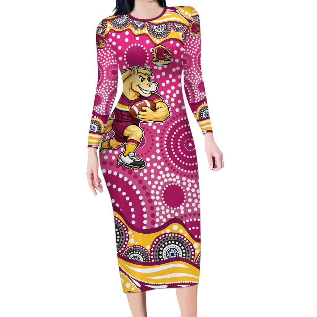 Brisbane Broncos Long Sleeve Bodycon Dress Aboriginal Dot Pattern - Rugby Mascot Heritage Pride
