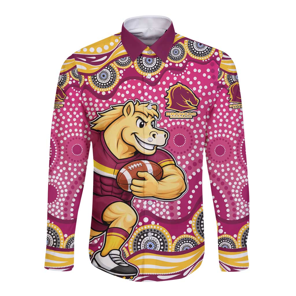 Brisbane Broncos Long Sleeve Button Shirt Aboriginal Dot Pattern - Rugby Mascot Heritage Pride