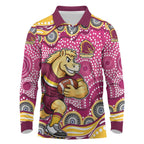 Brisbane Broncos Long Sleeve Polo Shirt Aboriginal Dot Pattern - Rugby Mascot Heritage Pride