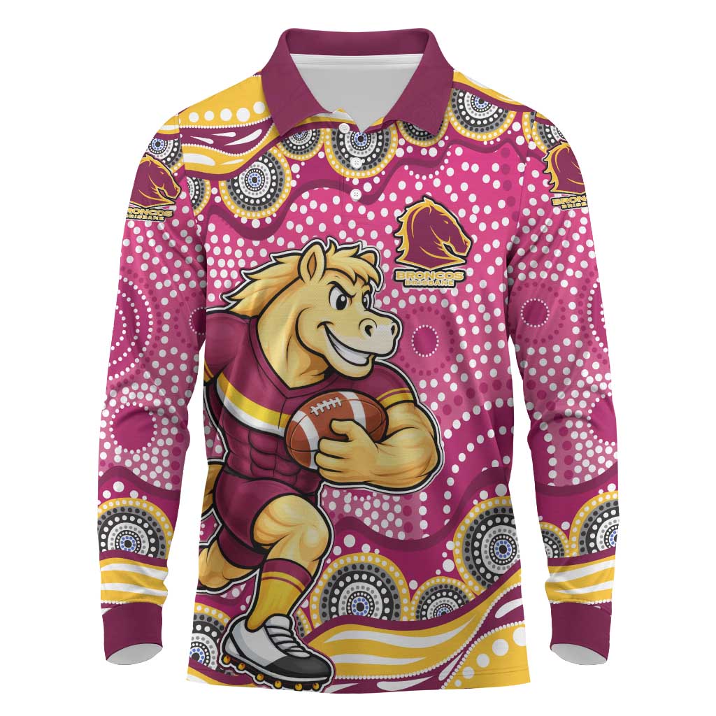 Brisbane Broncos Long Sleeve Polo Shirt Aboriginal Dot Pattern - Rugby Mascot Heritage Pride