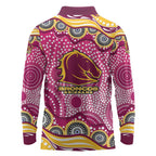 Brisbane Broncos Long Sleeve Polo Shirt Aboriginal Dot Pattern - Rugby Mascot Heritage Pride