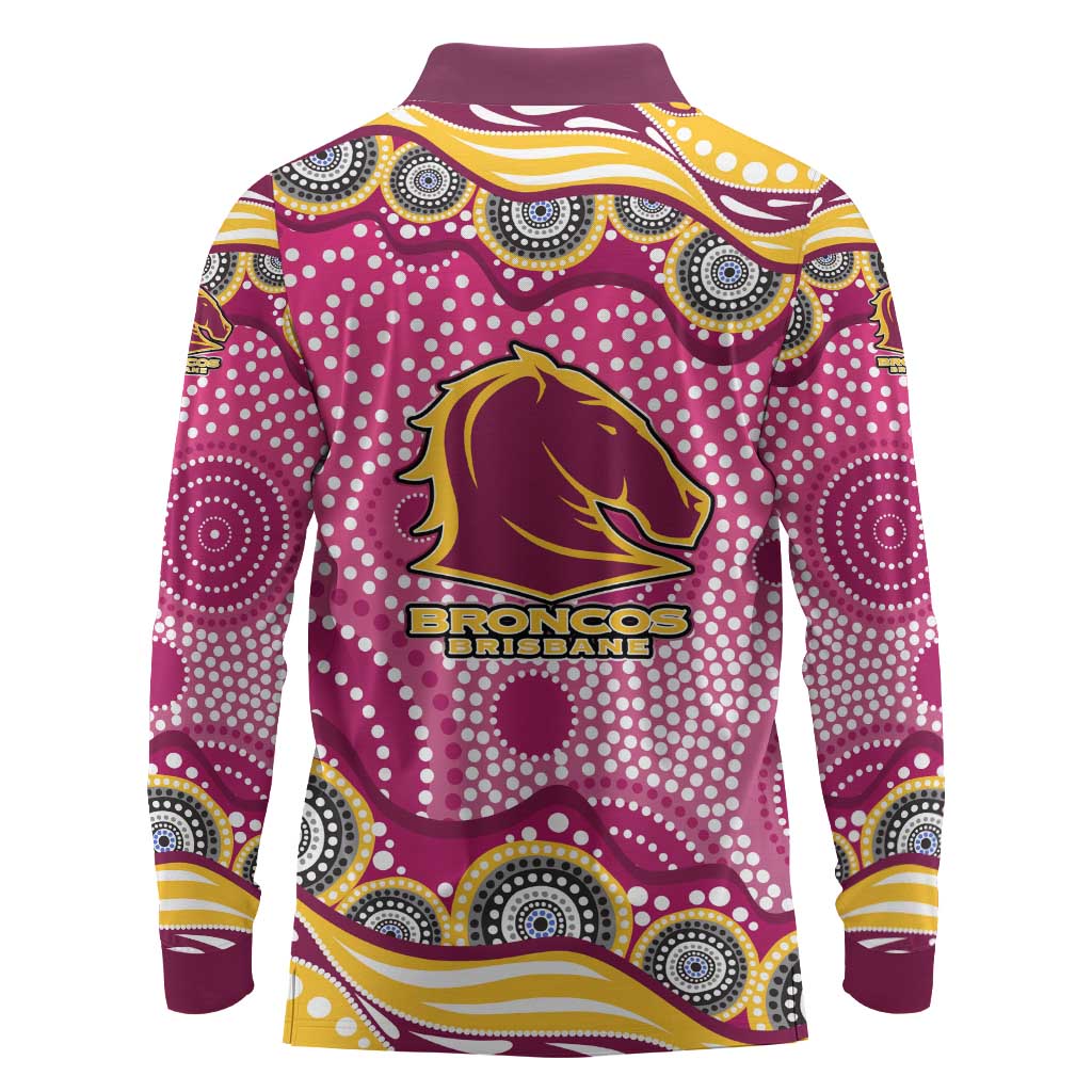 Brisbane Broncos Long Sleeve Polo Shirt Aboriginal Dot Pattern - Rugby Mascot Heritage Pride