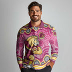 Brisbane Broncos Long Sleeve Polo Shirt Aboriginal Dot Pattern - Rugby Mascot Heritage Pride