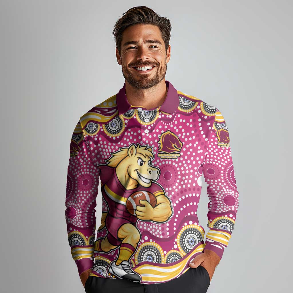 Brisbane Broncos Long Sleeve Polo Shirt Aboriginal Dot Pattern - Rugby Mascot Heritage Pride