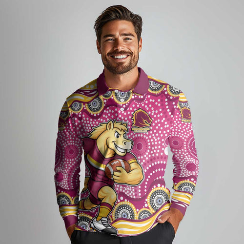 Brisbane Broncos Long Sleeve Polo Shirt Aboriginal Dot Pattern - Rugby Mascot Heritage Pride
