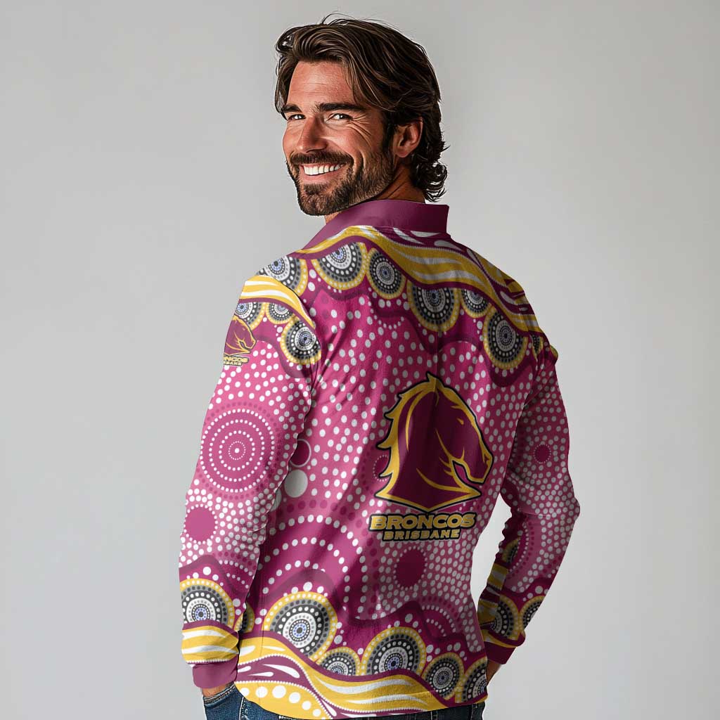 Brisbane Broncos Long Sleeve Polo Shirt Aboriginal Dot Pattern - Rugby Mascot Heritage Pride
