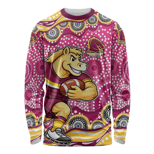 Brisbane Broncos Long Sleeve Shirt Aboriginal Dot Pattern - Rugby Mascot Heritage Pride