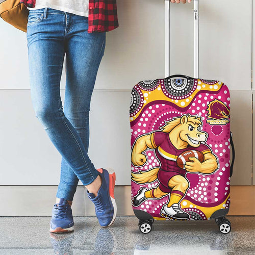 Brisbane Broncos Luggage Cover Aboriginal Dot Pattern - Rugby Mascot Heritage Pride