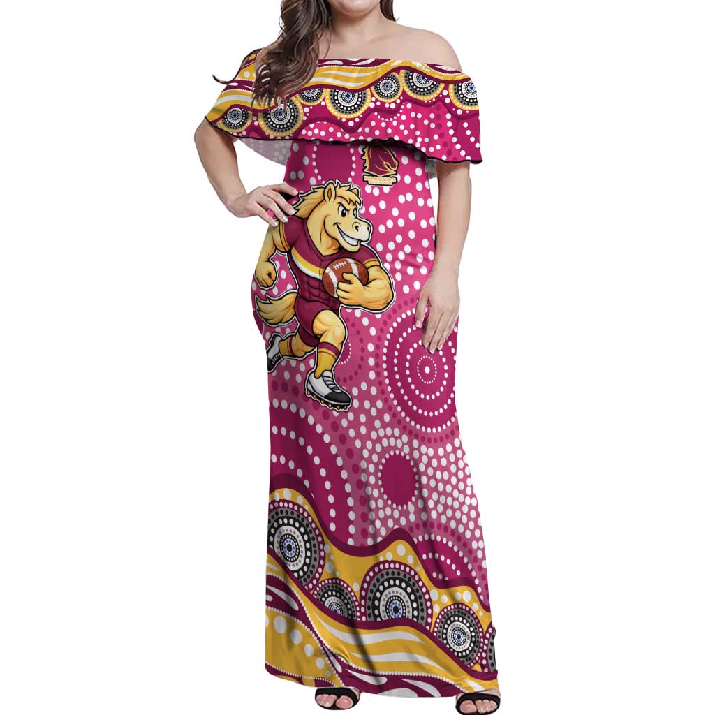 Brisbane Broncos Off Shoulder Maxi Dress Aboriginal Dot Pattern - Rugby Mascot Heritage Pride