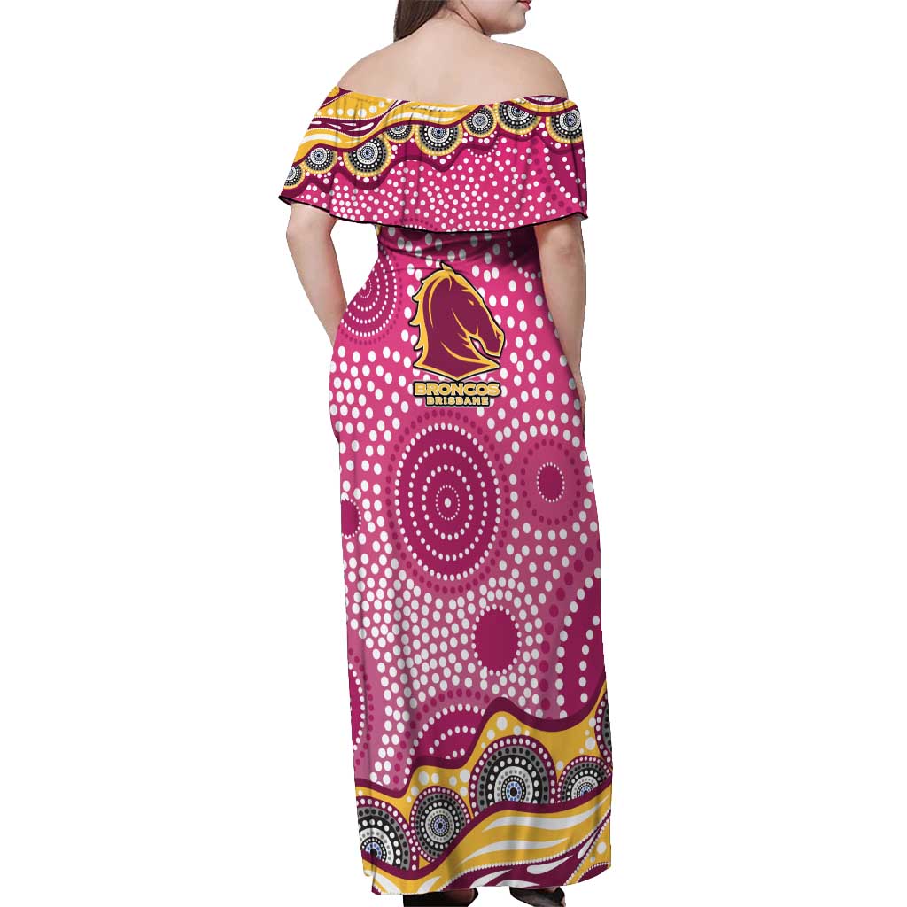 Brisbane Broncos Off Shoulder Maxi Dress Aboriginal Dot Pattern - Rugby Mascot Heritage Pride