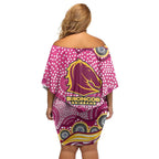 Brisbane Broncos Off Shoulder Short Dress Aboriginal Dot Pattern - Rugby Mascot Heritage Pride