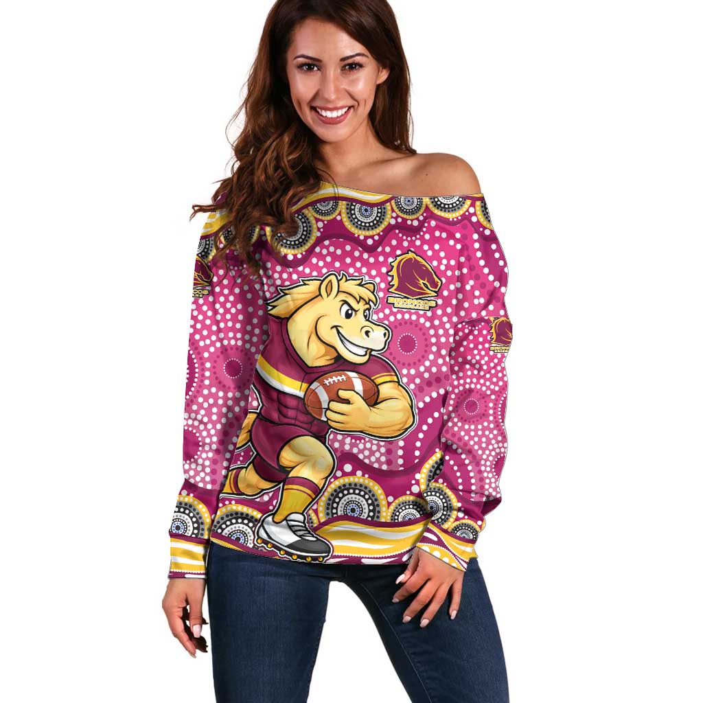 Brisbane Broncos Off Shoulder Sweater Aboriginal Dot Pattern - Rugby Mascot Heritage Pride