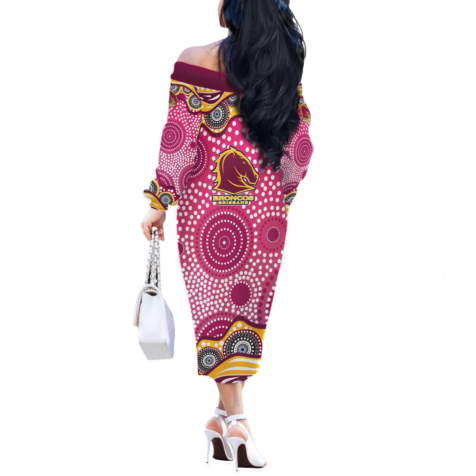 Brisbane Broncos Off The Shoulder Long Sleeve Dress Aboriginal Dot Pattern - Rugby Mascot Heritage Pride
