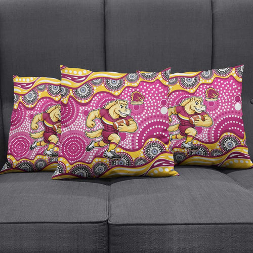 Brisbane Broncos Pillow Cover Aboriginal Dot Pattern - Rugby Mascot Heritage Pride