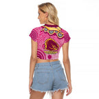 Brisbane Broncos Raglan Cropped T Shirt Aboriginal Dot Pattern - Rugby Mascot Heritage Pride