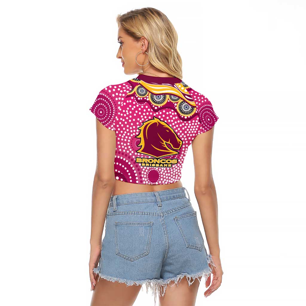 Brisbane Broncos Raglan Cropped T Shirt Aboriginal Dot Pattern - Rugby Mascot Heritage Pride