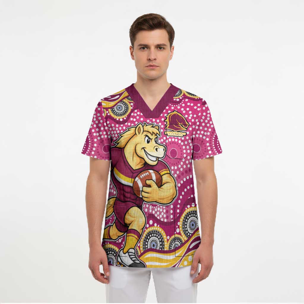 Brisbane Broncos Scrub Top Aboriginal Dot Pattern - Rugby Mascot Heritage Pride