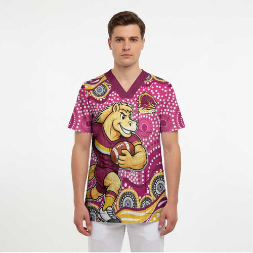 Brisbane Broncos Scrub Top Aboriginal Dot Pattern - Rugby Mascot Heritage Pride