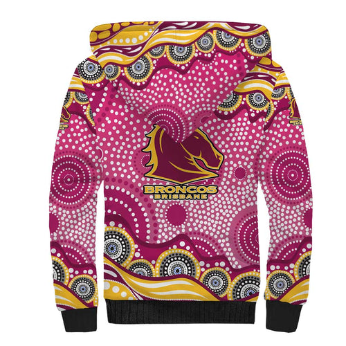 Brisbane Broncos Sherpa Hoodie Aboriginal Dot Pattern - Rugby Mascot Heritage Pride