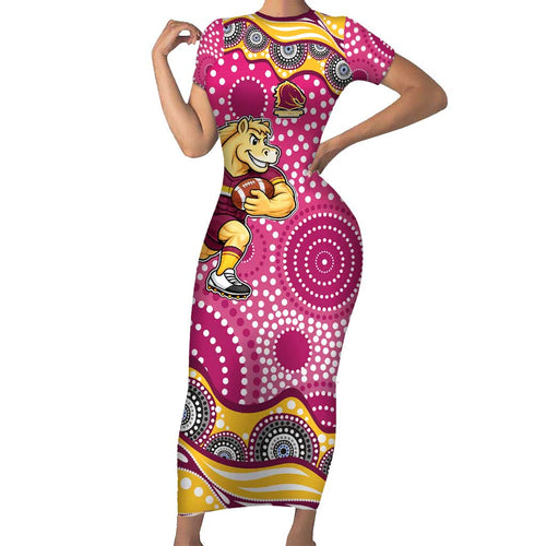 Brisbane Broncos Short Sleeve Bodycon Dress Aboriginal Dot Pattern - Rugby Mascot Heritage Pride