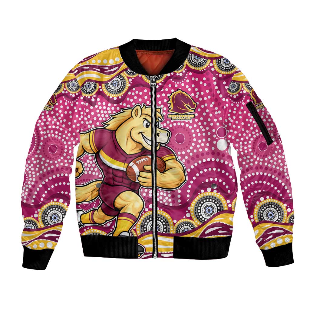 Brisbane Broncos Sleeve Zip Bomber Jacket Aboriginal Dot Pattern - Rugby Mascot Heritage Pride