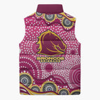 Brisbane Broncos Sleeveless Puffer Jacket Aboriginal Dot Pattern - Rugby Mascot Heritage Pride
