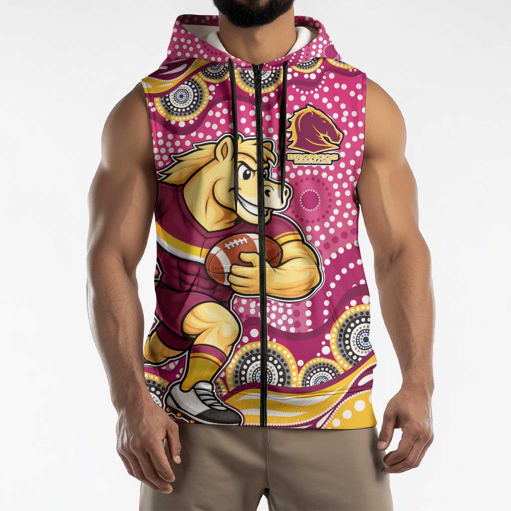 Brisbane Broncos Sleeveless Zip Hoodie Aboriginal Dot Pattern - Rugby Mascot Heritage Pride