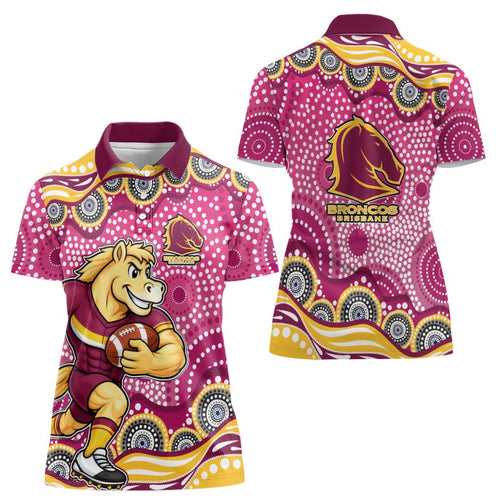 Brisbane Broncos Women Polo Shirt Aboriginal Dot Pattern - Rugby Mascot Heritage Pride