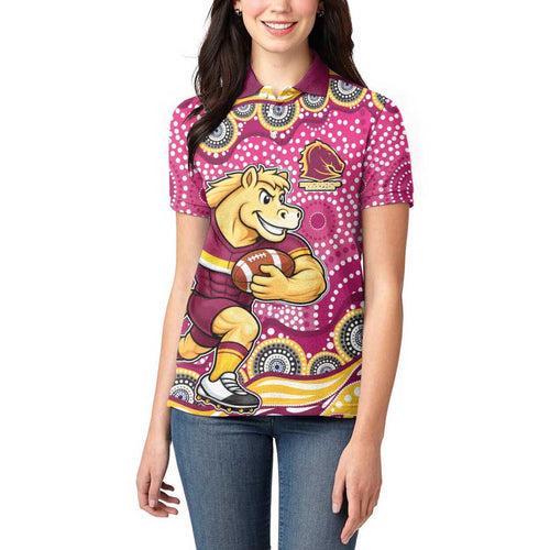 Brisbane Broncos Women Polo Shirt Aboriginal Dot Pattern - Rugby Mascot Heritage Pride
