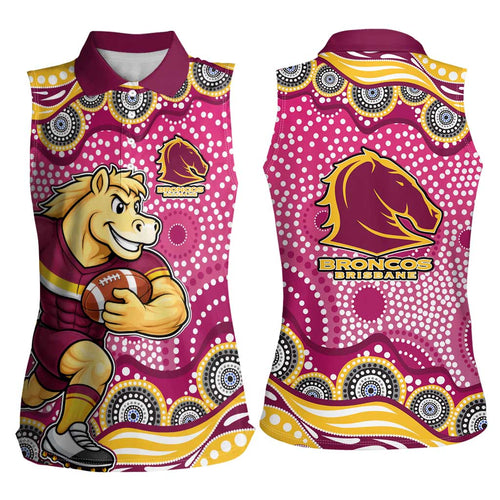 Brisbane Broncos Women Sleeveless Polo Shirt Aboriginal Dot Pattern - Rugby Mascot Heritage Pride
