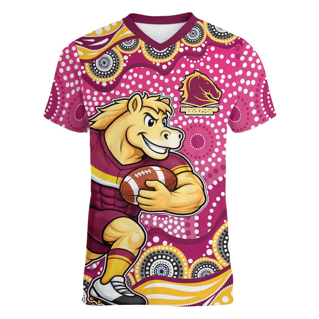 Brisbane Broncos Women V-Neck T-Shirt Aboriginal Dot Pattern - Rugby Mascot Heritage Pride