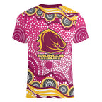 Brisbane Broncos Women V-Neck T-Shirt Aboriginal Dot Pattern - Rugby Mascot Heritage Pride