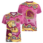 Brisbane Broncos Women V-Neck T-Shirt Aboriginal Dot Pattern - Rugby Mascot Heritage Pride