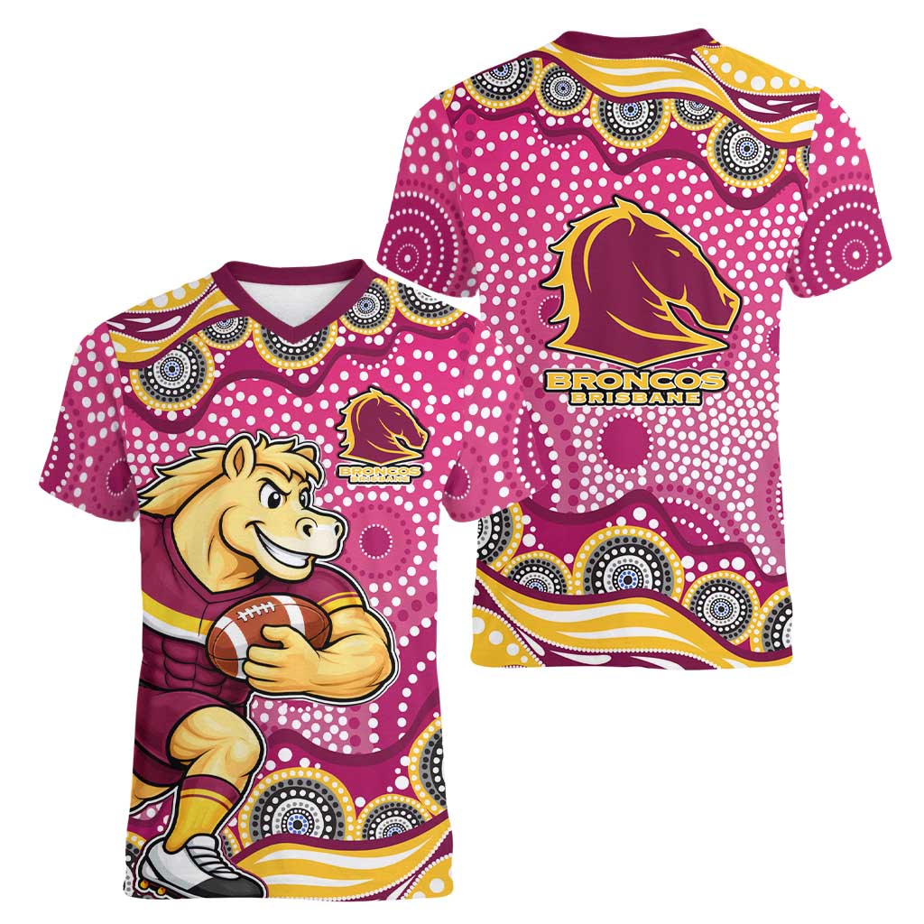 Brisbane Broncos Women V-Neck T-Shirt Aboriginal Dot Pattern - Rugby Mascot Heritage Pride