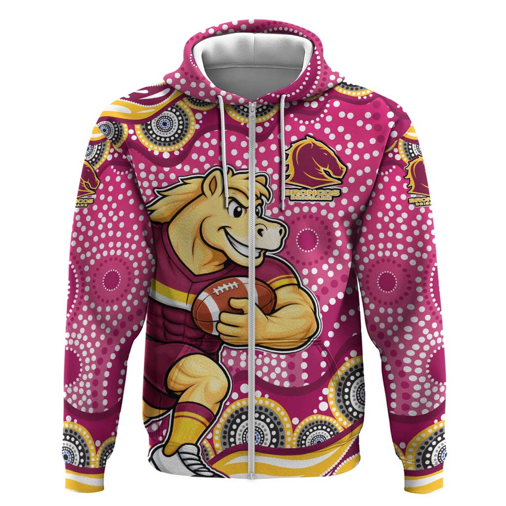 Brisbane Broncos Zip Hoodie Aboriginal Dot Pattern - Rugby Mascot Heritage Pride