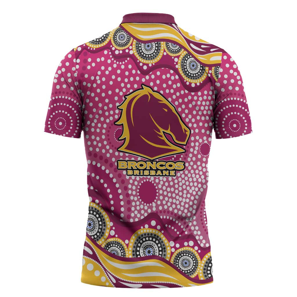 Brisbane Broncos Zipper Polo Shirt Aboriginal Dot Pattern - Rugby Mascot Heritage Pride
