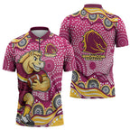 Brisbane Broncos Zipper Polo Shirt Aboriginal Dot Pattern - Rugby Mascot Heritage Pride
