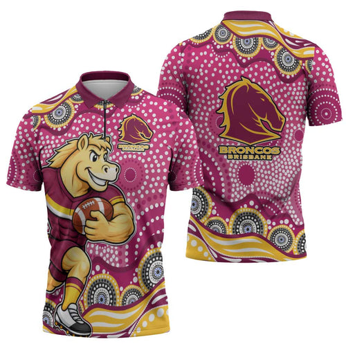 Brisbane Broncos Zipper Polo Shirt Aboriginal Dot Pattern - Rugby Mascot Heritage Pride