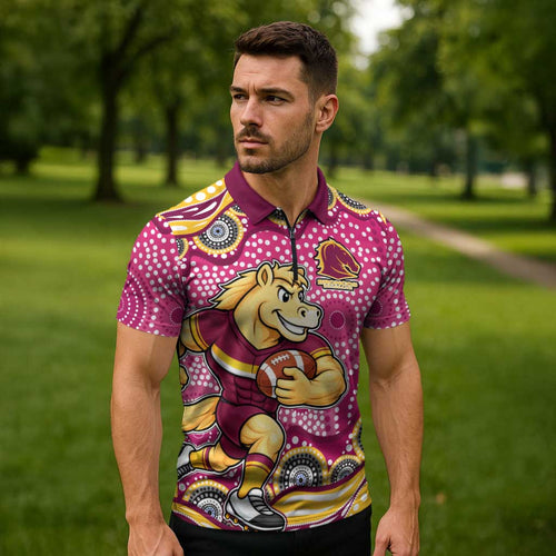 Brisbane Broncos Zipper Polo Shirt Aboriginal Dot Pattern - Rugby Mascot Heritage Pride