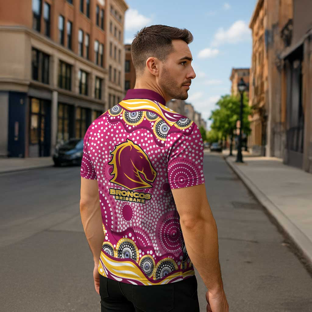 Brisbane Broncos Zipper Polo Shirt Aboriginal Dot Pattern - Rugby Mascot Heritage Pride