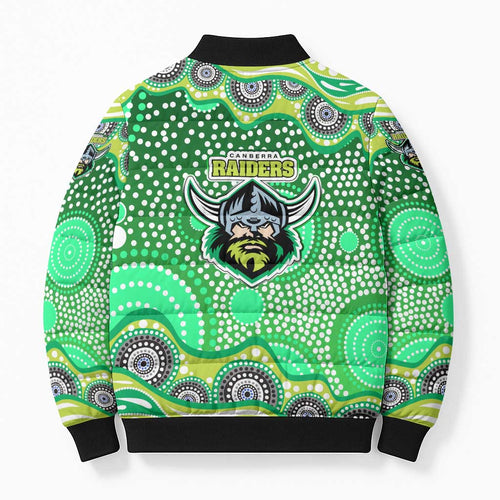 Canberra Raiders Bomber Puffer Jacket Aboriginal Dot Pattern - Rugby Mascot Heritage Pride