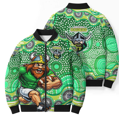 Canberra Raiders Bomber Puffer Jacket Aboriginal Dot Pattern - Rugby Mascot Heritage Pride