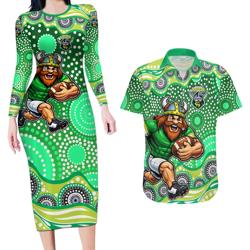 Canberra Raiders Couples Matching Long Sleeve Bodycon Dress and Hawaiian Shirt Aboriginal Dot Pattern - Rugby Mascot Heritage Pride