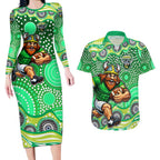 Canberra Raiders Couples Matching Long Sleeve Bodycon Dress and Hawaiian Shirt Aboriginal Dot Pattern - Rugby Mascot Heritage Pride