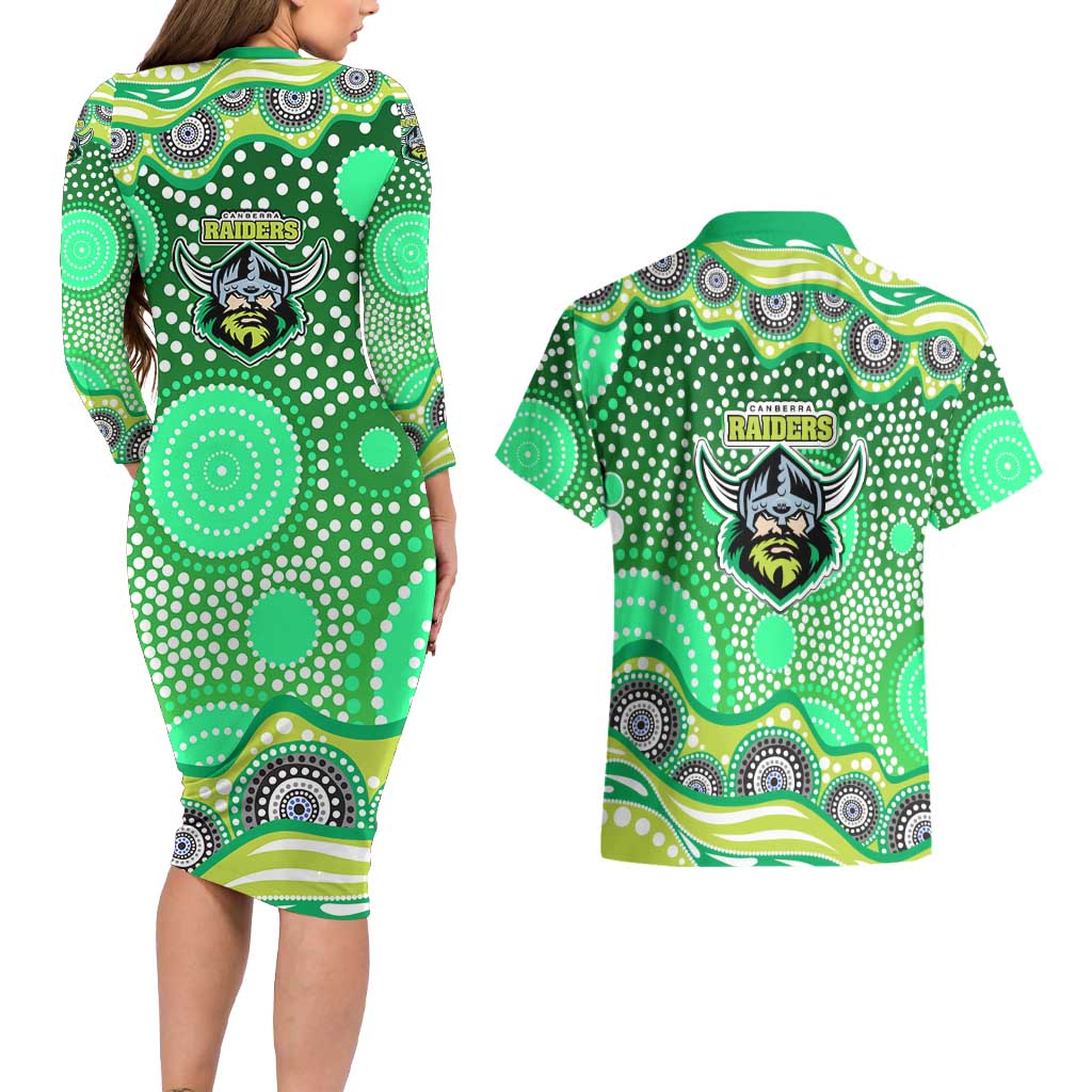 Canberra Raiders Couples Matching Long Sleeve Bodycon Dress and Hawaiian Shirt Aboriginal Dot Pattern - Rugby Mascot Heritage Pride