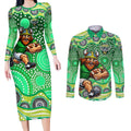 Canberra Raiders Couples Matching Long Sleeve Bodycon Dress and Long Sleeve Button Shirt Aboriginal Dot Pattern - Rugby Mascot Heritage Pride